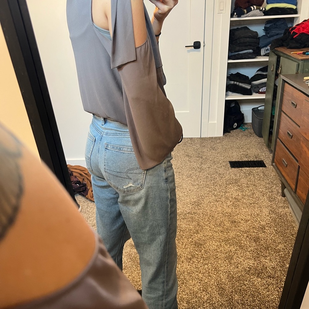 Grey/Taupe BCBG Maxazaria shoulder peep through blouse